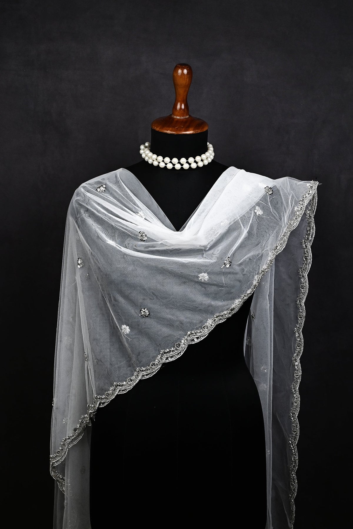 White Dyeable Net Dupatta All Over Zari, Sequins And Katdana Work 22180