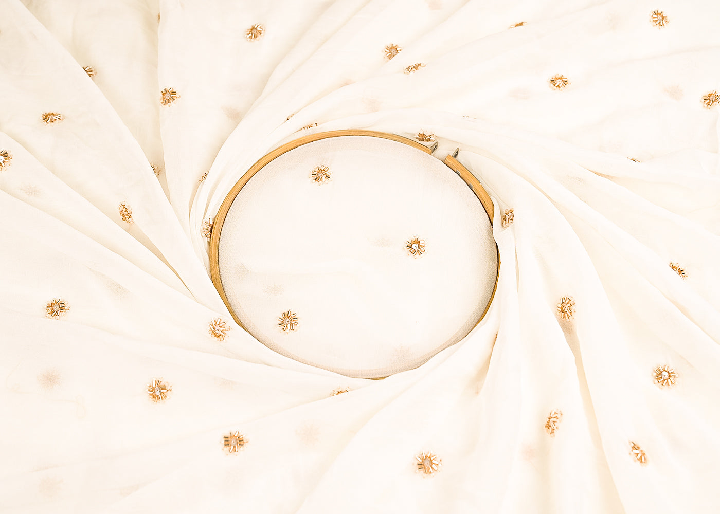 White Dyeble Georgette Fabric With All Over Sequins, Beads And Katdana Work 22182