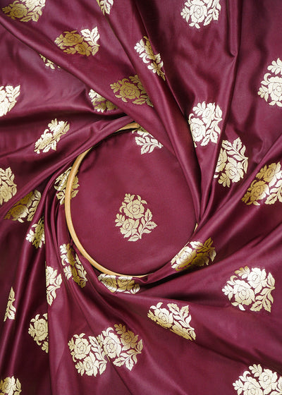 Wine Banarasi Brocade Fabric With All Over Golden Zari Handloom 22234