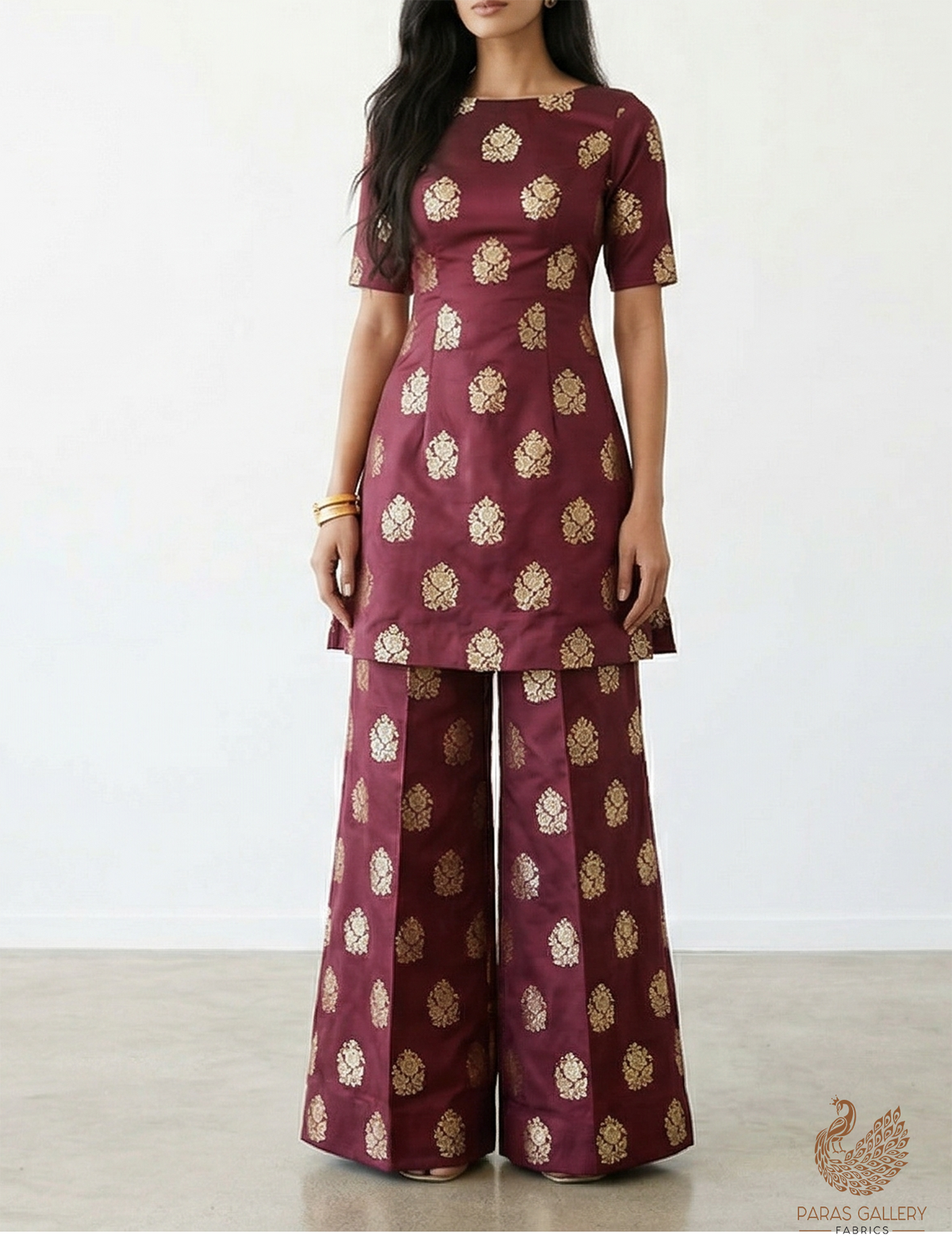 Wine Banarasi Brocade Fabric With All Over Golden Zari Handloom 22234