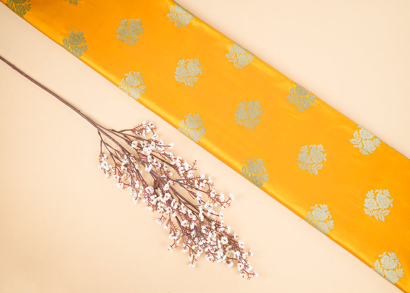 Mustard Banarasi Brocade Fabric With All Over Golden Zari Handloom 22235