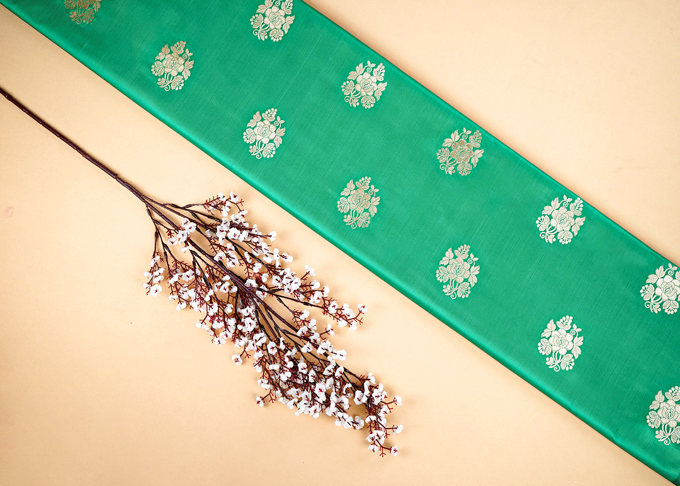 Teal Green Banarasi Brocade Fabric With All Over Golden Zari Handloom 22238