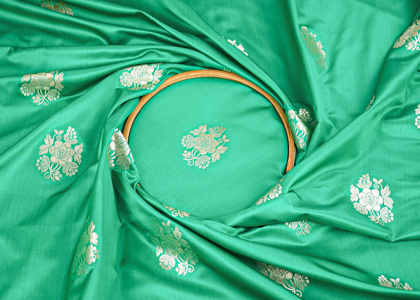 Teal Green Banarasi Brocade Fabric With All Over Golden Zari Handloom 22238