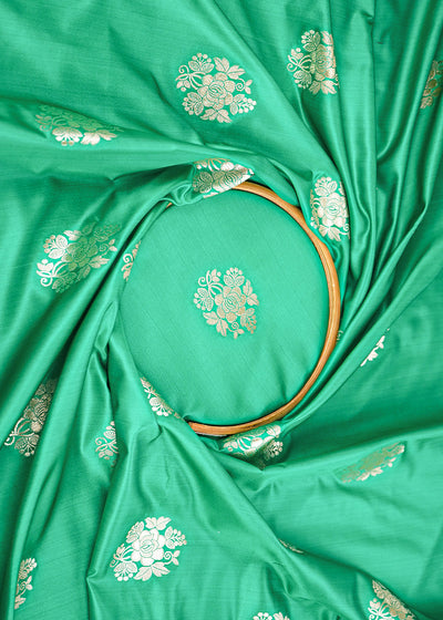 Teal Green Banarasi Brocade Fabric With All Over Golden Zari Handloom 22238