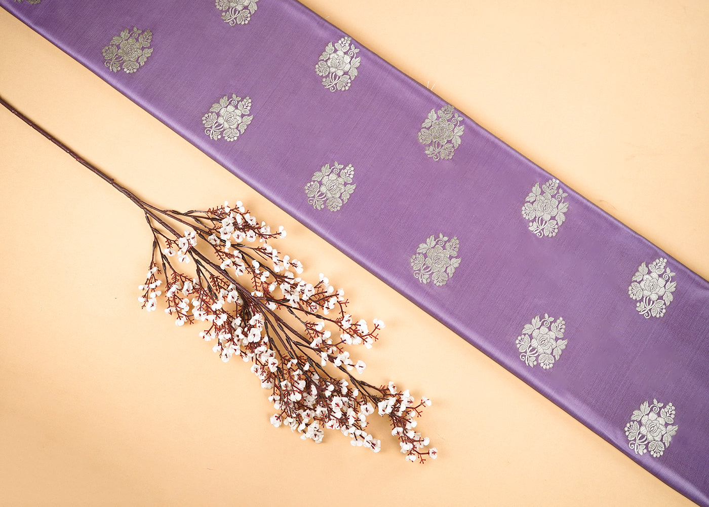 Lavender Banarasi Brocade Fabric With All Over Golden Zari Handloom 22241