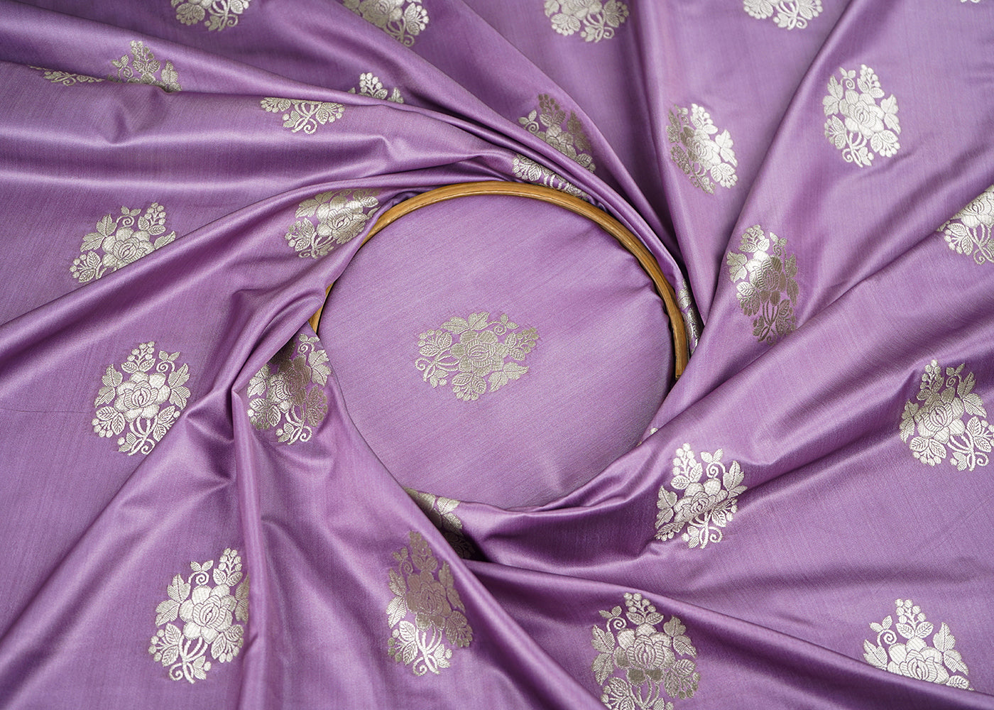 Lavender Banarasi Brocade Fabric With All Over Golden Zari Handloom 22241