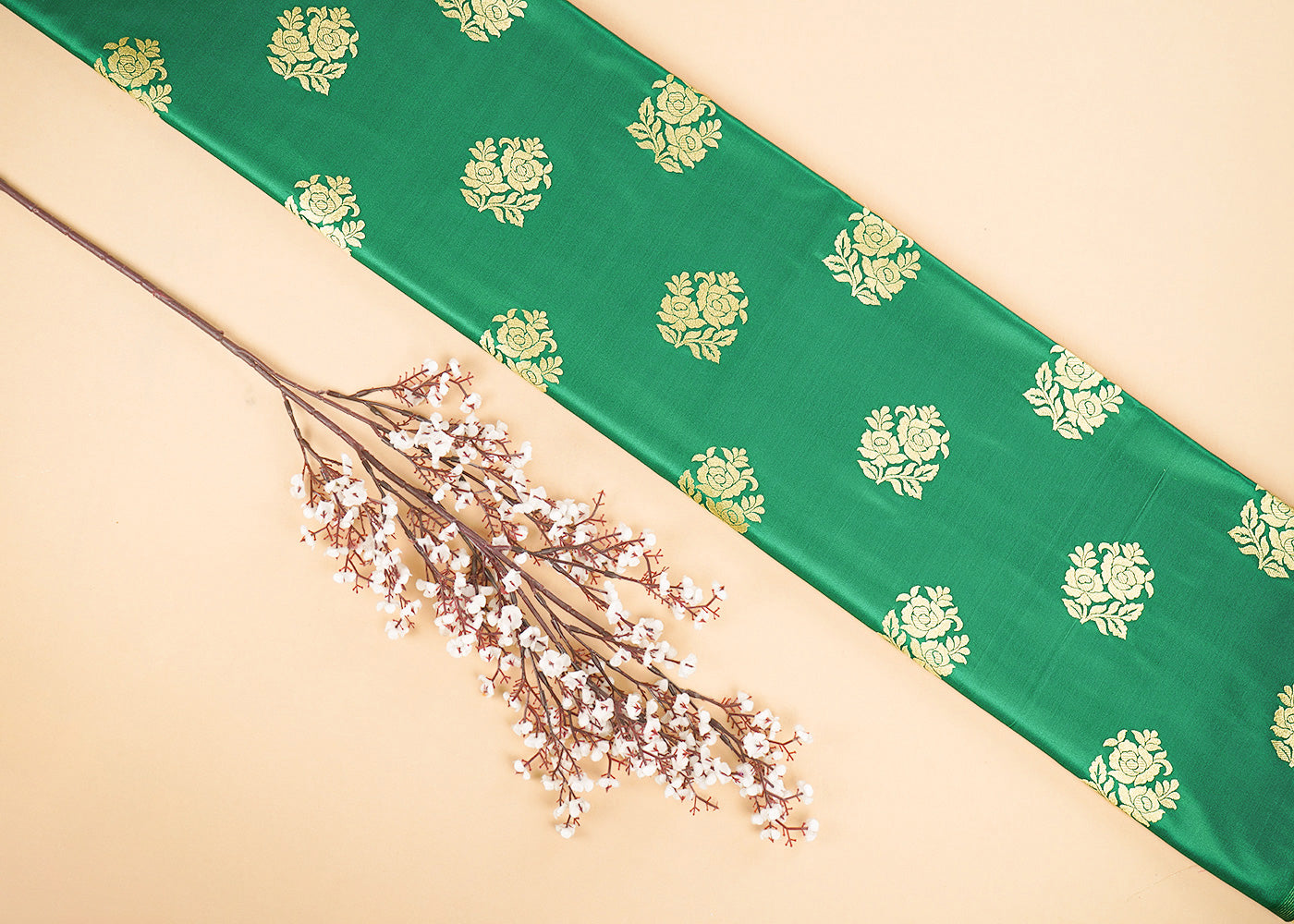 Rama Green Banarasi Brocade Fabric With All Over Golden Zari Handloom 22242