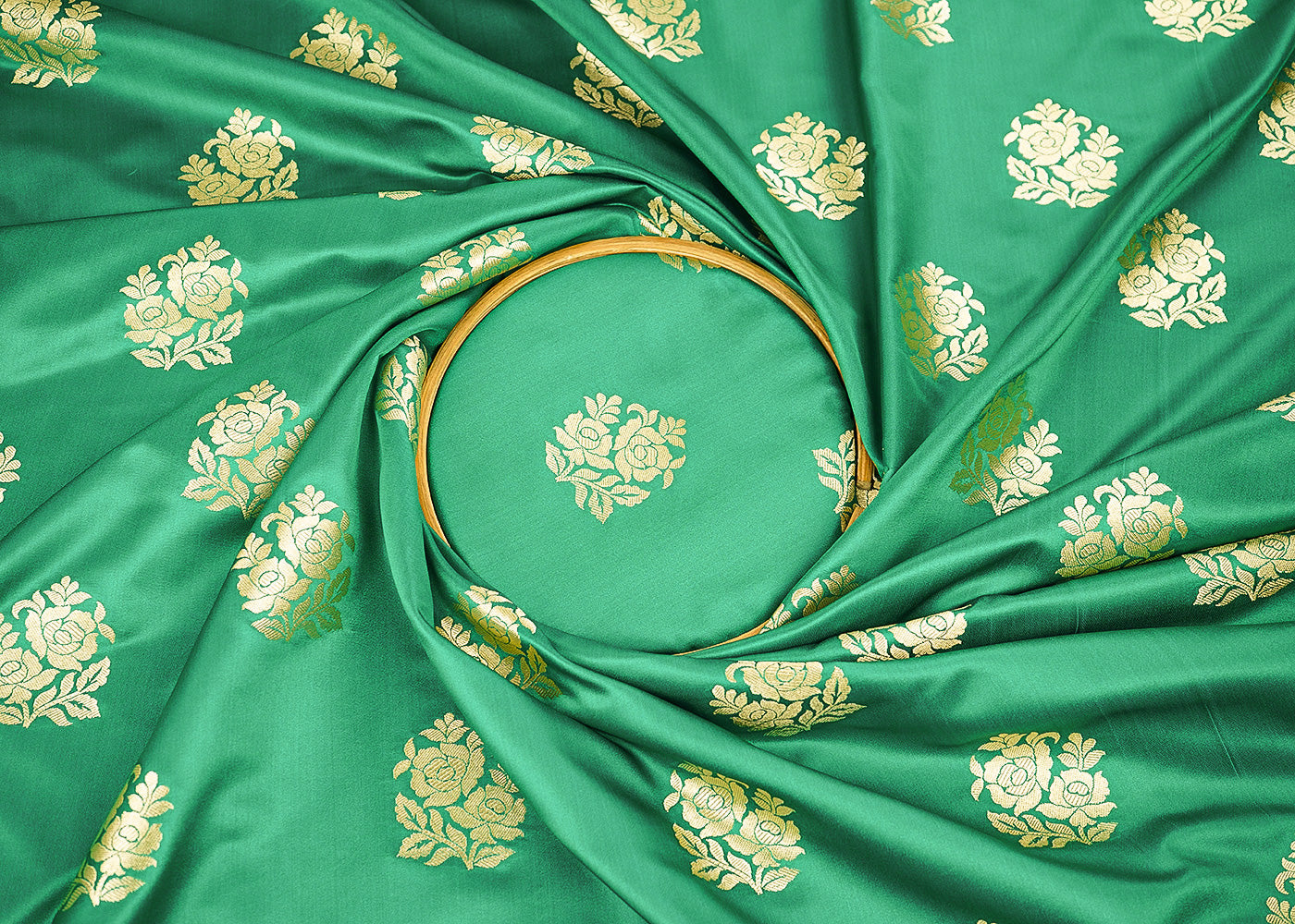 Rama Green Banarasi Brocade Fabric With All Over Golden Zari Handloom 22242