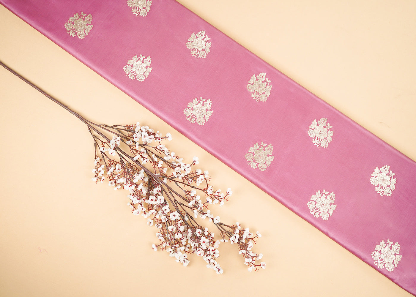 Pink Banarasi Brocade Fabric With All Over Golden Zari Handloom 22243