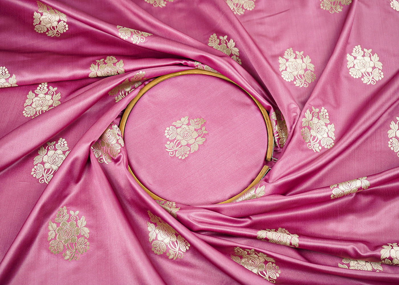 Pink Banarasi Brocade Fabric With All Over Golden Zari Handloom 22243