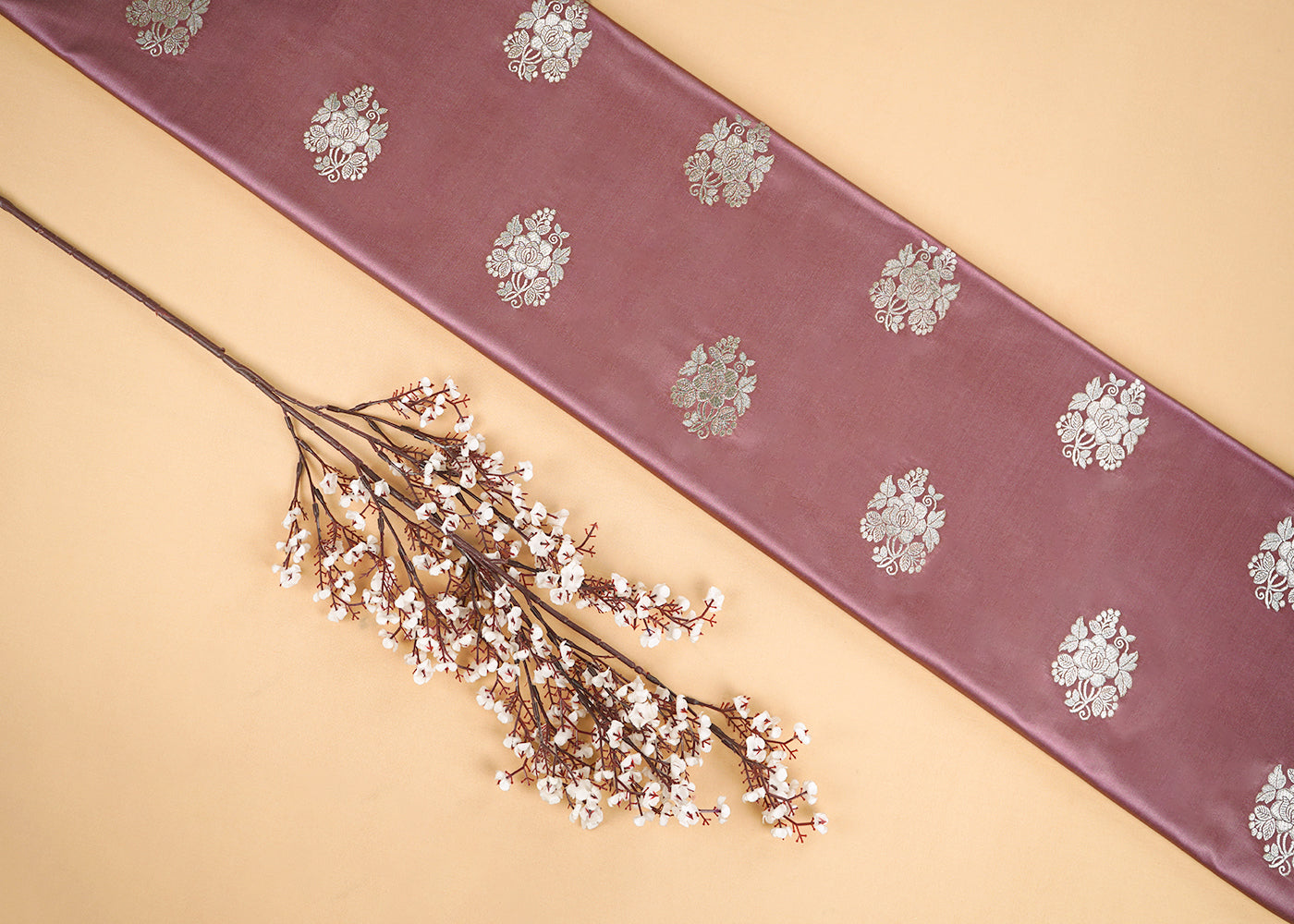 Dusty Pink Banarasi Brocade Fabric With Allover Golden Zari Handloom 22244