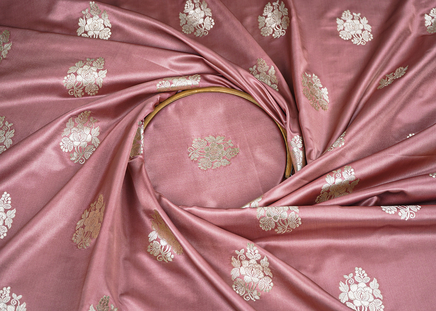 Dusty Pink Banarasi Brocade Fabric With Allover Golden Zari Handloom 22244