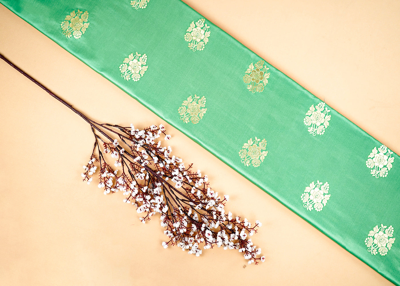 Mint Green Banarasi Brocade Fabric With All Over Golden Zari Handloom 22245