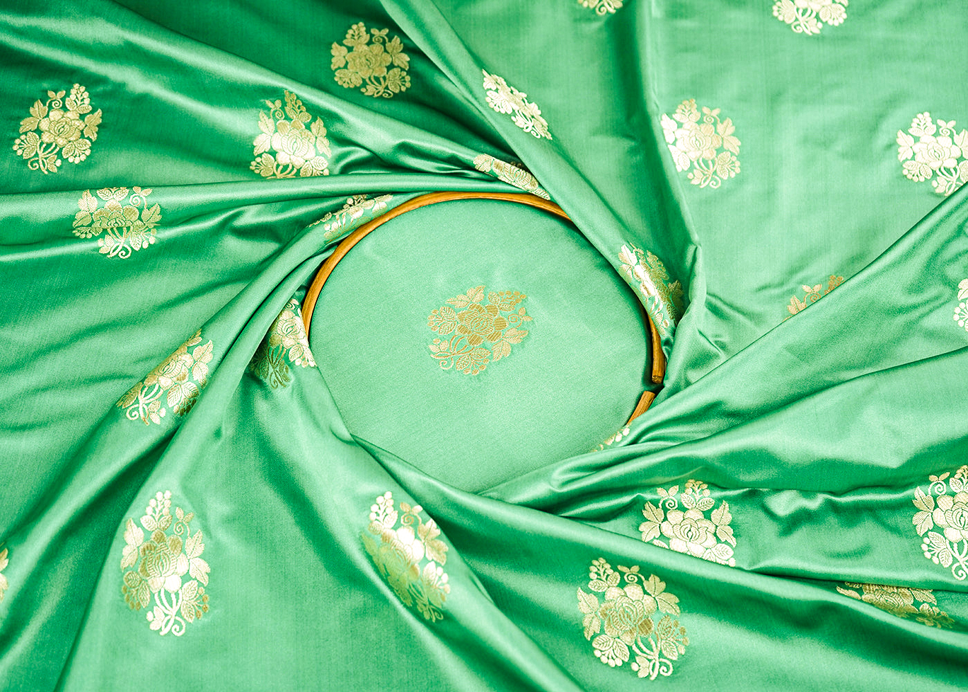Mint Green Banarasi Brocade Fabric With All Over Golden Zari Handloom 22245