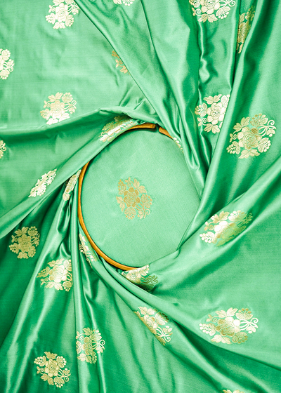 Mint Green Banarasi Brocade Fabric With All Over Golden Zari Handloom 22245