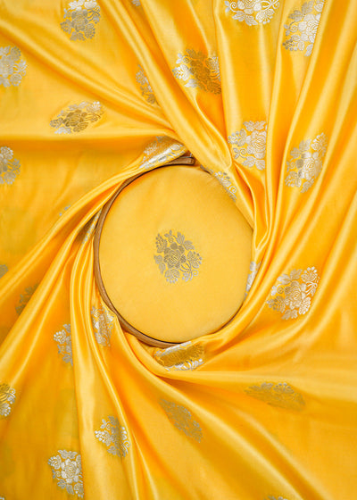 Yellow Banarasi Brocade Fabric With All Over Golden Zari Handloom 22247