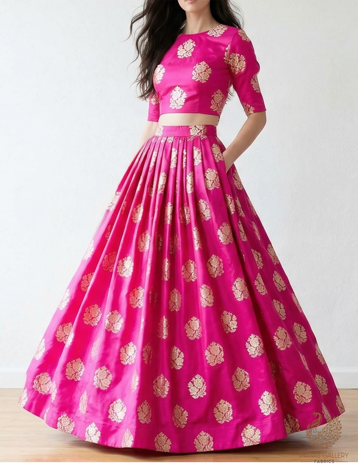 Magenta Banarasi Brocade Fabric With All Over Golden Zari Handloom 22248
