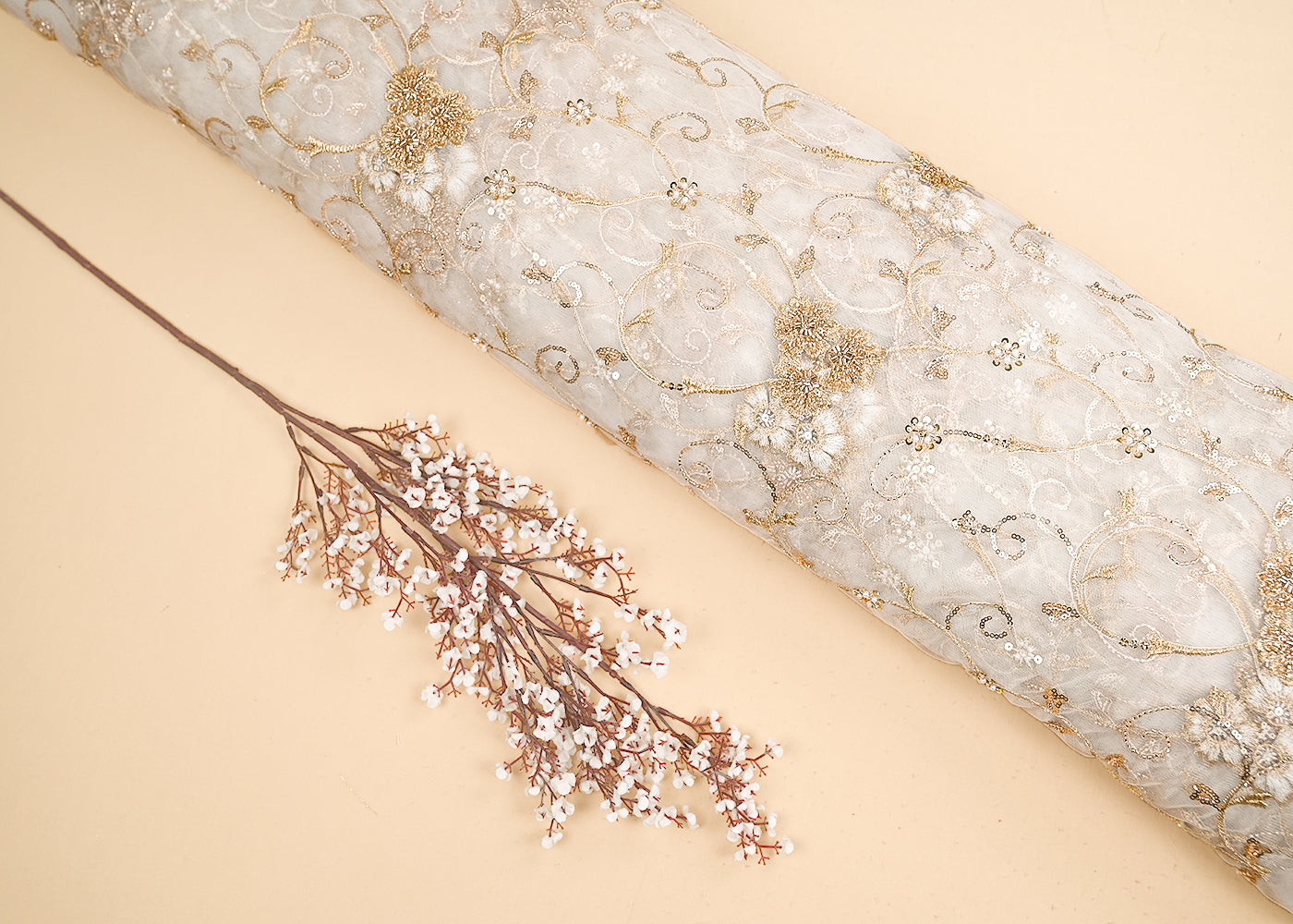 White-Dyeable-Net-Fabric-With-All-Over-Zari,-Beads,-Sequins-And-Katdana-Work-22271