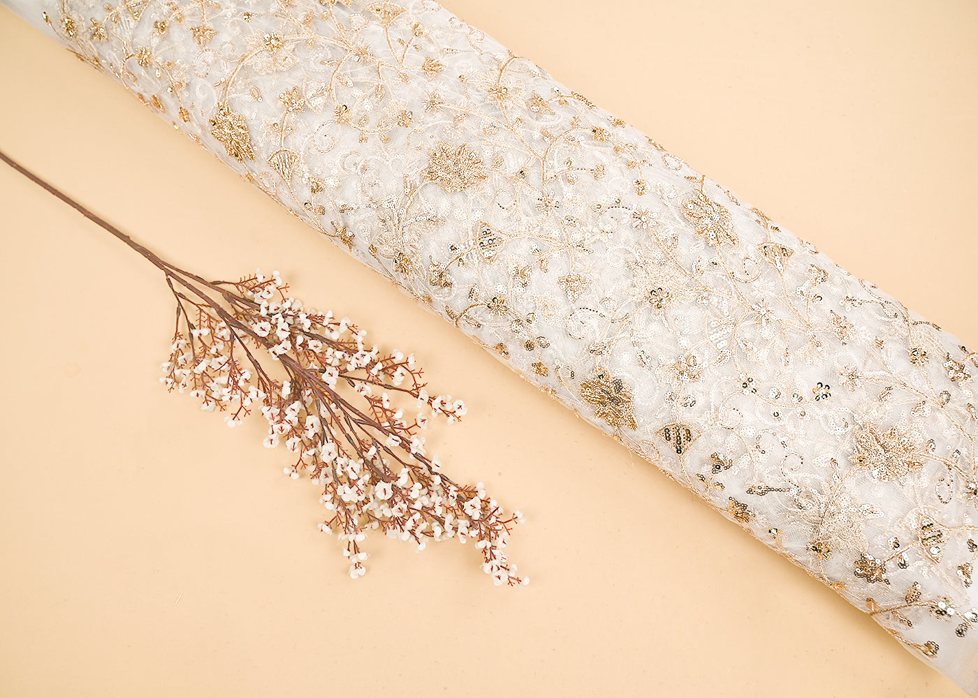 White Dyeable Net Fabric With All Over Zari, Beads, Sequins And Katdana Work 22272