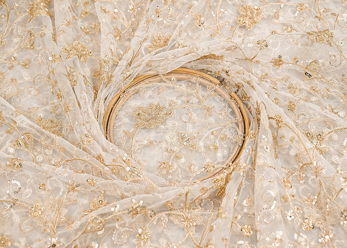 White Dyeable Net Fabric With All Over Zari, Beads, Sequins And Katdana Work 22272-close-view