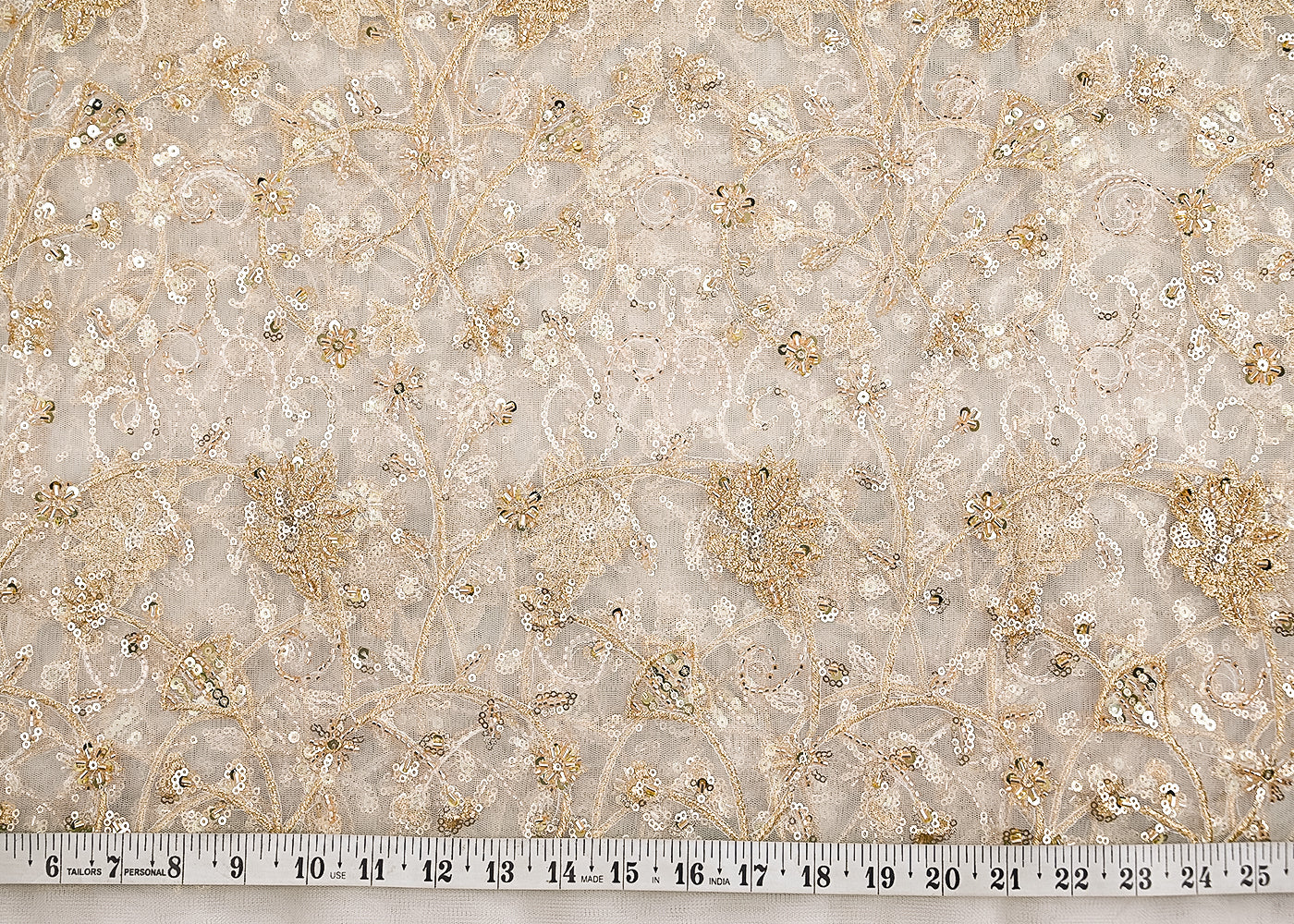 White Dyeable Net Fabric With All Over Zari, Beads, Sequins And Katdana Work 22272-measurement-view