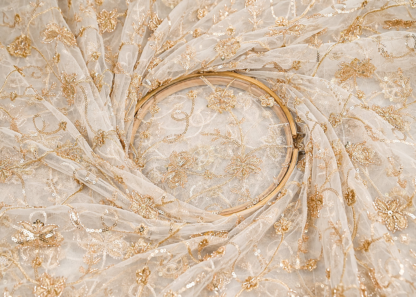 White Dyeable Net Fabric With All Over Zari, Beads, Sequins And Katdana Work 22273