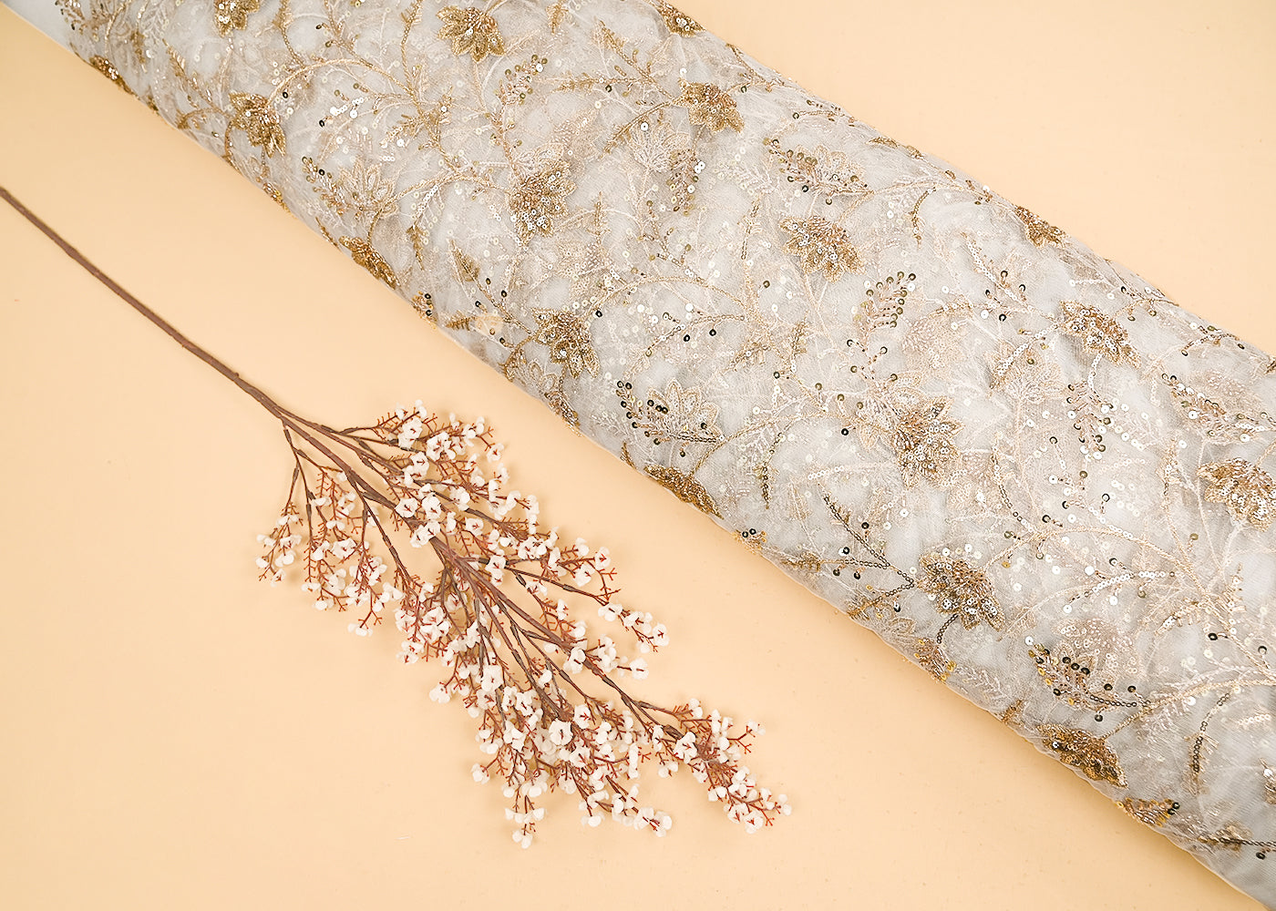 White-Dyeable-Net-Fabric-With-All-Over-Zari,-Beads,-Sequins-And-Katdana-Work-22274