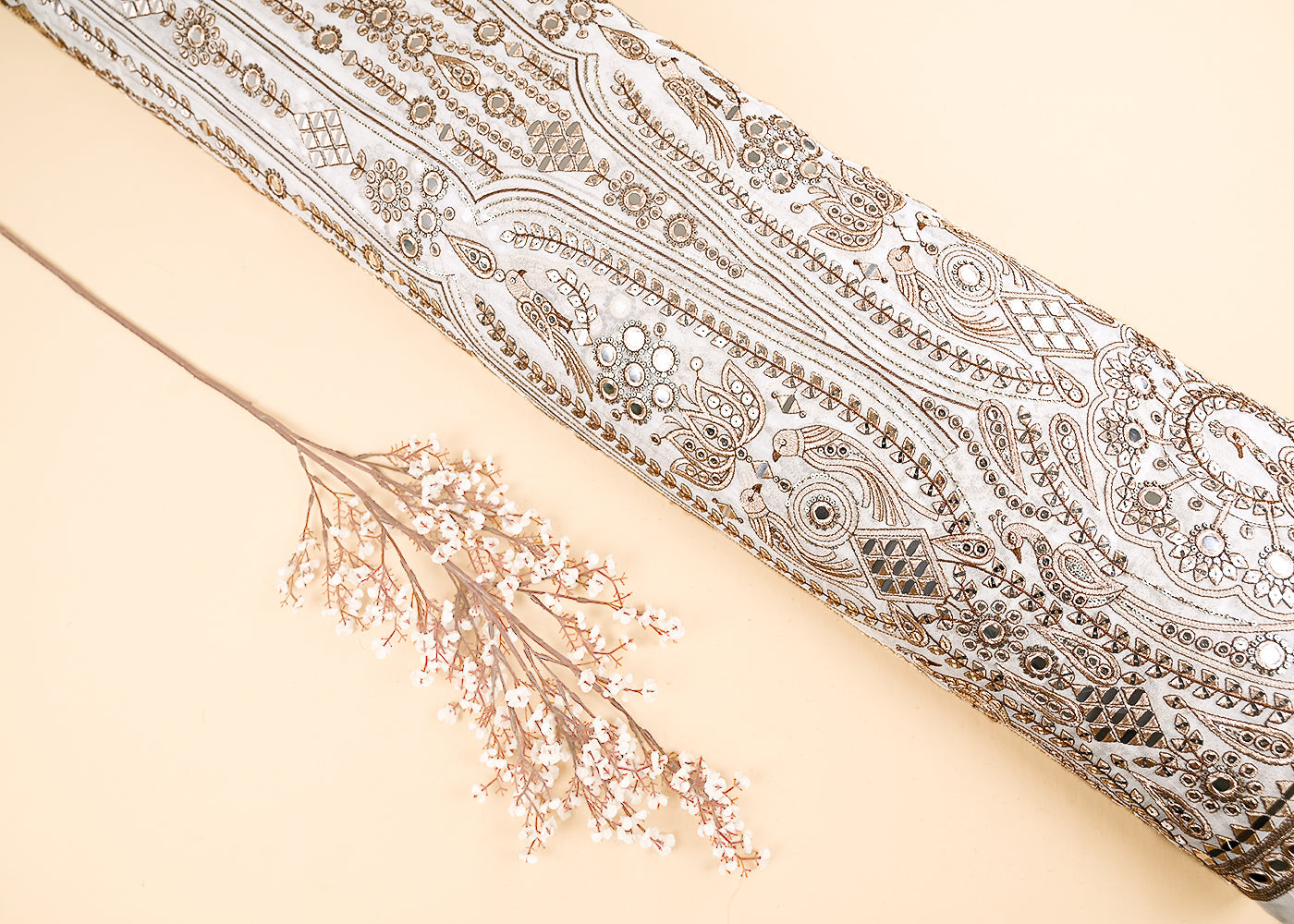 White Dyeable Georgette Fabric With All Over Zari, Sequins And Faux Mirror Work With Border 22284