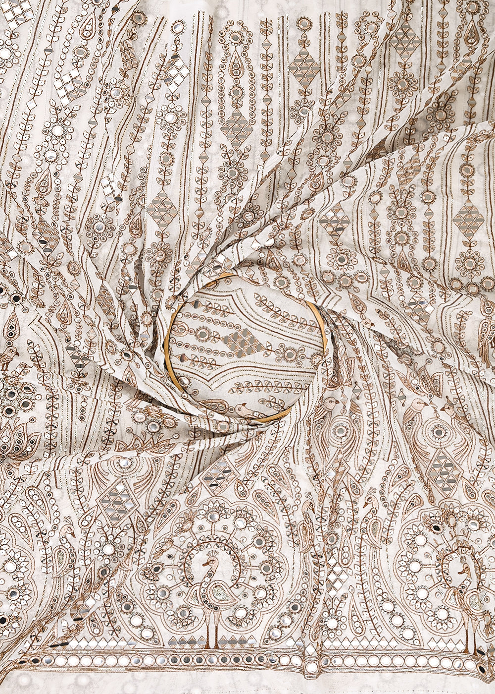 White Dyeable Georgette Fabric With All Over Zari, Sequins And Faux Mirror Work With Border 22284