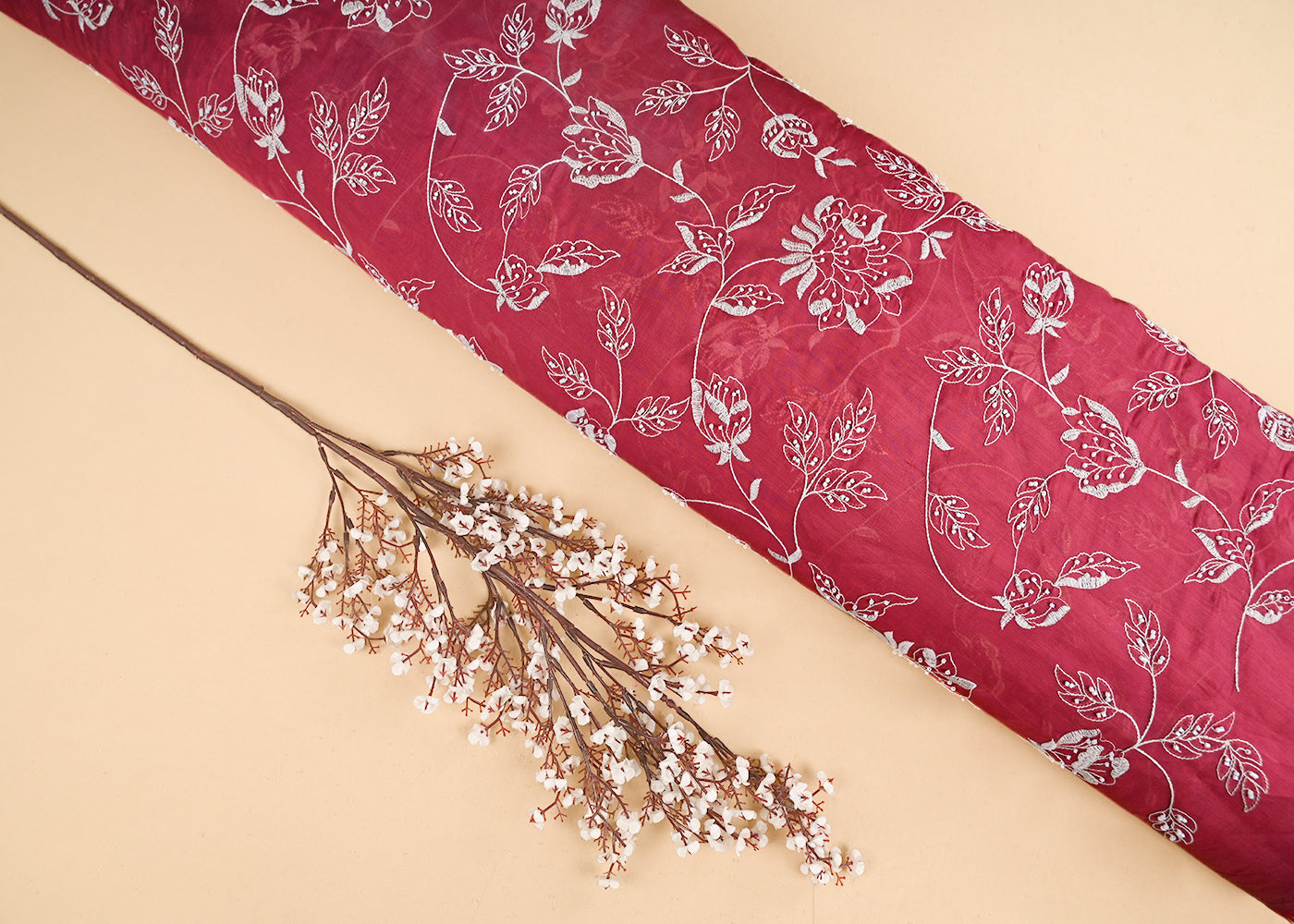 Pink Cotton Fabric With All Over Bead And Thread Work 22285