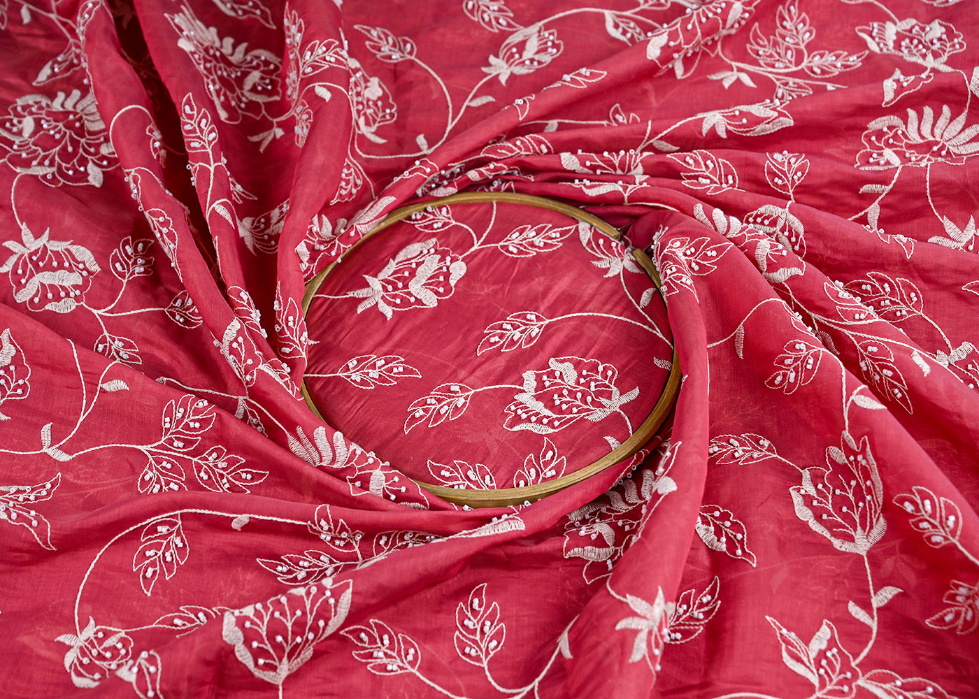 Pink Cotton Fabric With All Over Bead And Thread Work 22285