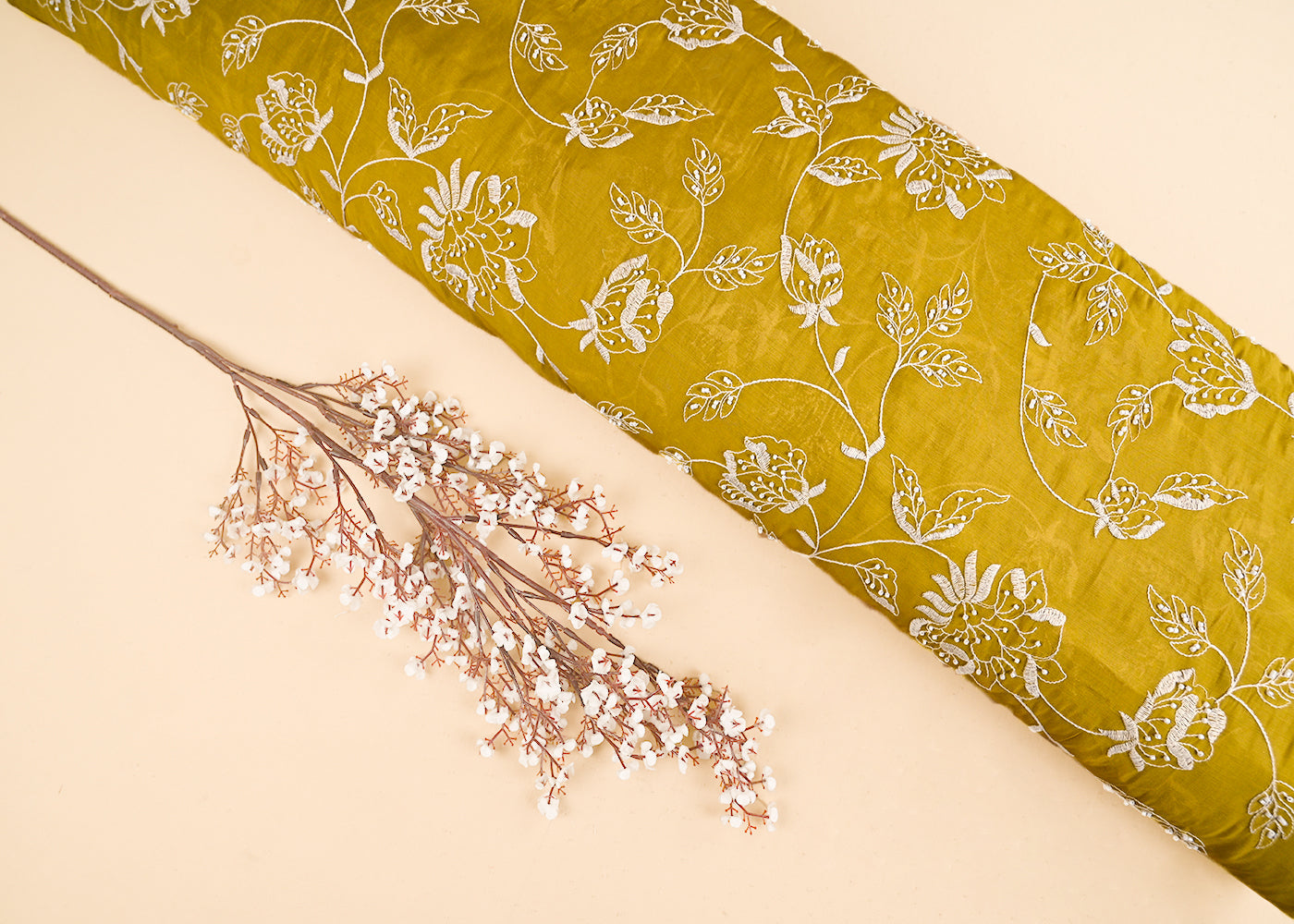 Mustard Cotton Fabric With All Over Bead And Thread Work 22287