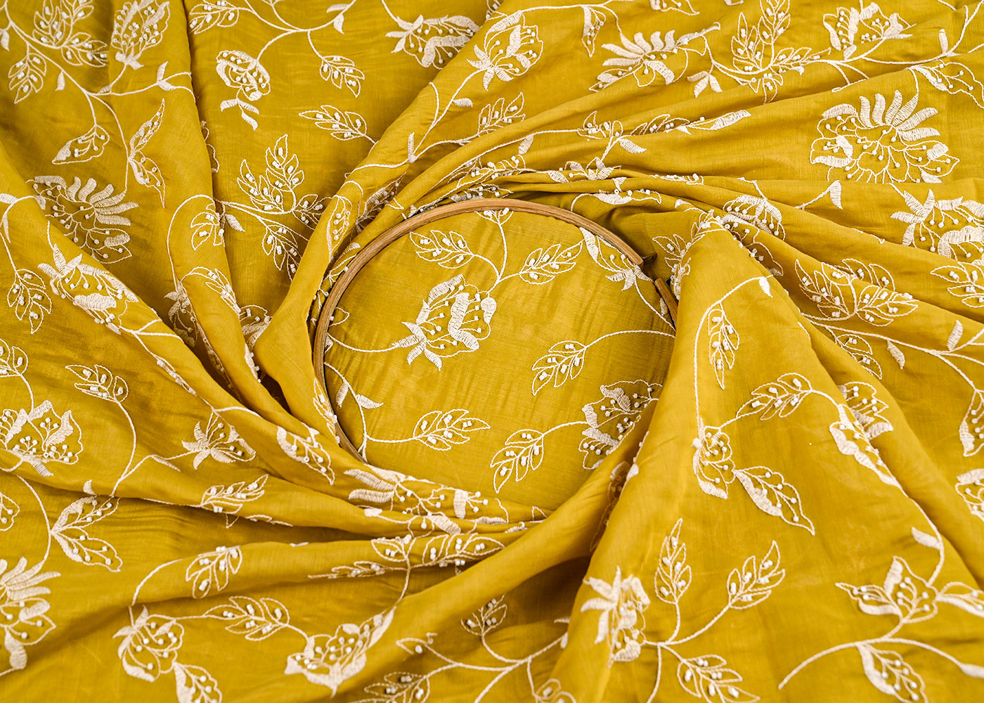 Mustard Cotton Fabric With All Over Bead And Thread Work 22287