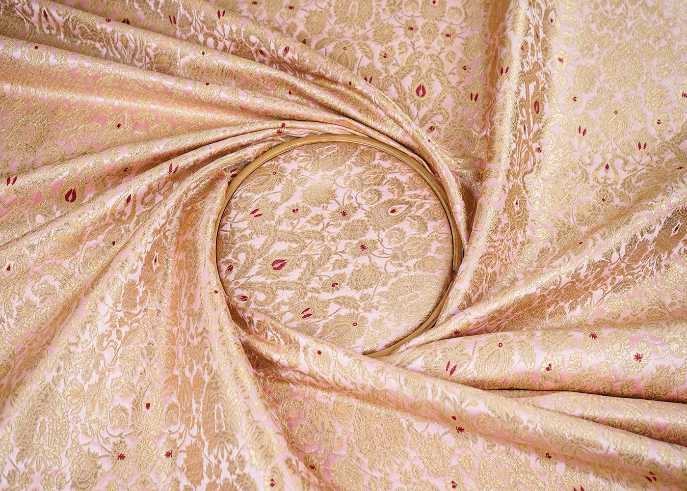 Peach Banarasi Brocade Fabric With Allover Thread And Zari Handloom 22316