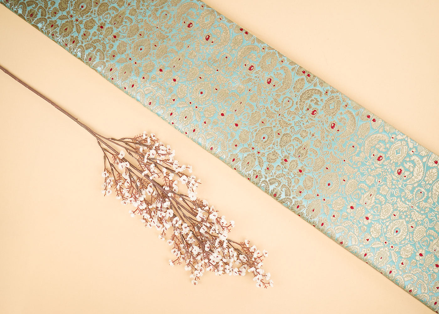 Sea Blue Banarasi Brocade Fabric With Allover Thread And Zari Handloom 22317