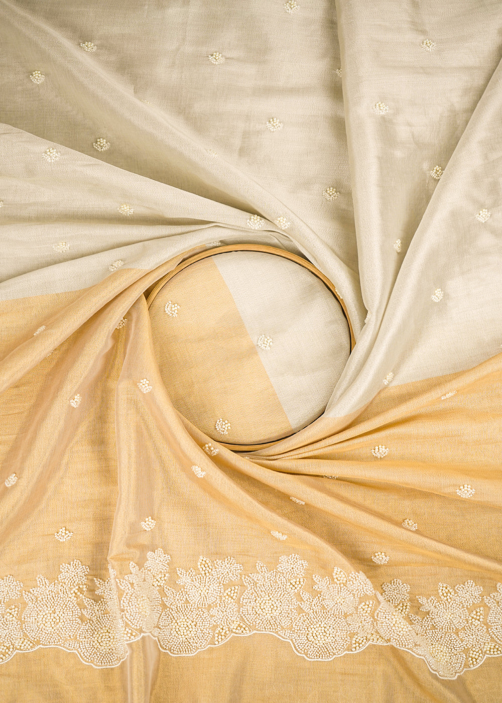 Golden-And-Silver-Tissue-Fabric-With-All-Over-Buti-Of-Bead-And-Pearl-Work-With-One-Side-Border-22334-close-view