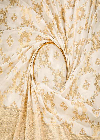 White Dyeable Georgette Fabric With All Over Zari Handloom With One Side Border 22339