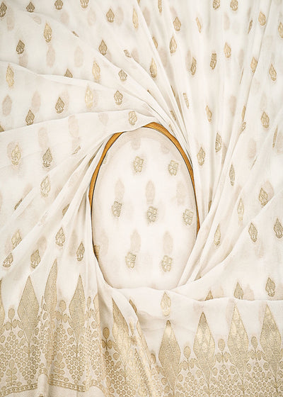 White Dyeable Georgette Fabric With All Over Buti Of Zari Handloom With One Side Border 22343