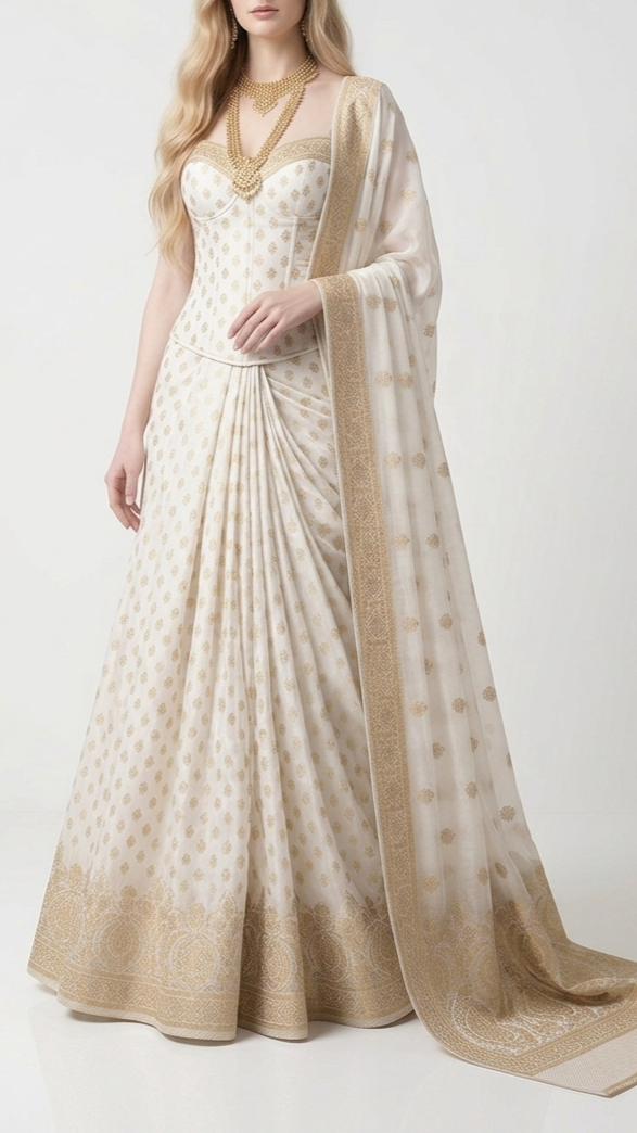 White Dyeable Georgette Fabric With All Over Buti Of Zari Handloom With One Side Border 22343