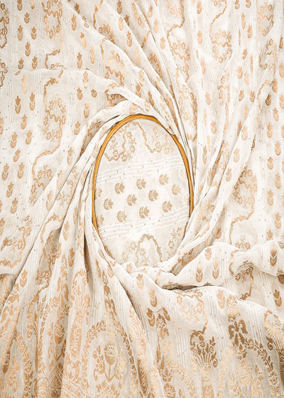 White Dyeable Georgette Fabric With All Over Thread, Sequins And Zari Handloom With One Side Border 22347