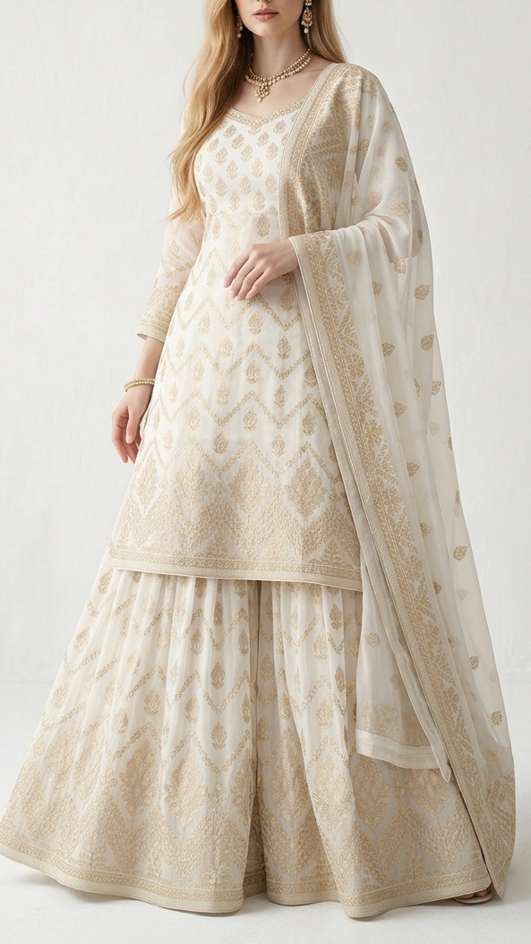 White Dyeable Georgette Fabric With All Over Zari Handloom With One Side Border 22348