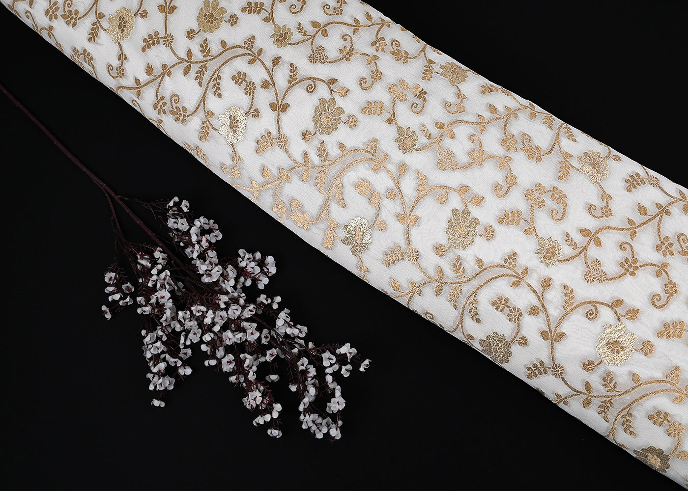 White Dyeable Georgette Fabric With All Over Golden Zari Handloom 22349