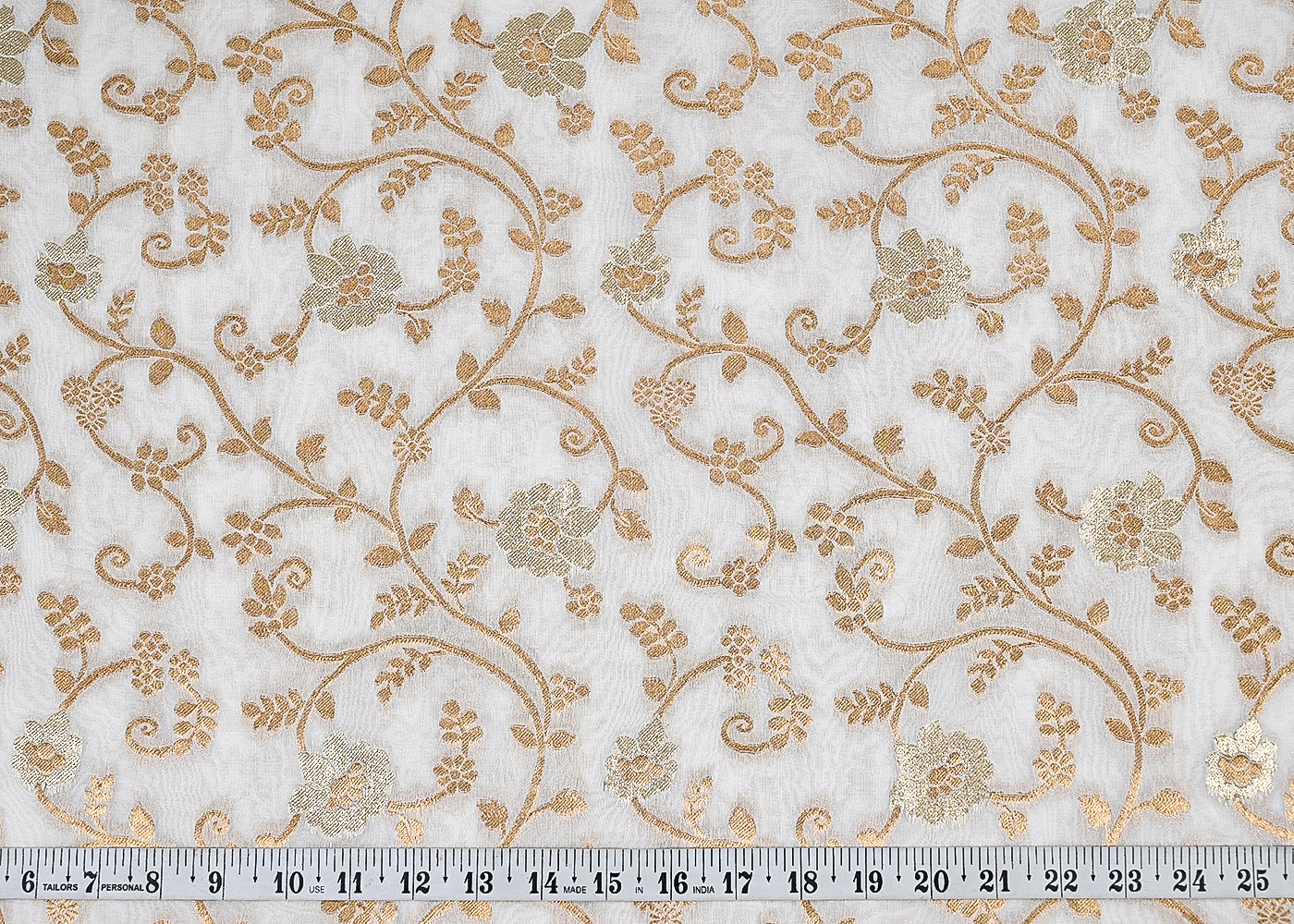 White Dyeable Georgette Fabric With All Over Golden Zari Handloom 22349