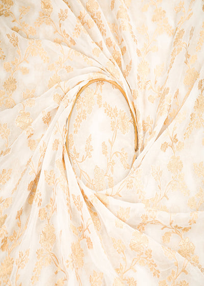 White Dyeable Georgette Fabric With All Over Golden Zari Handloom 22350