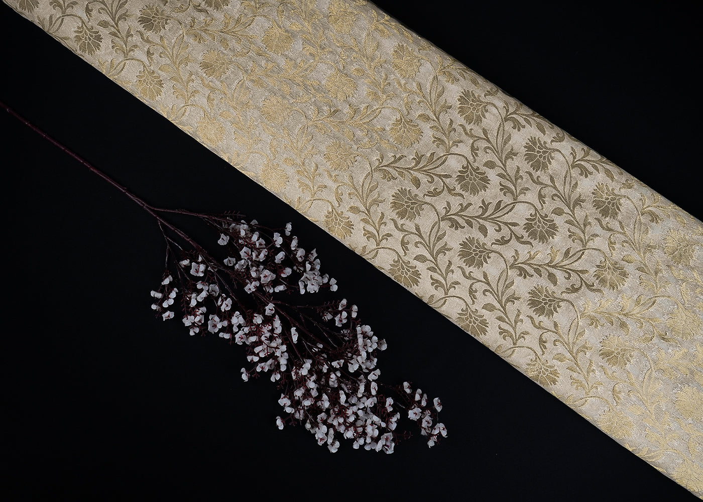 White Dyeable Georgette Fabric With All Over Golden Zari Handloom 22354