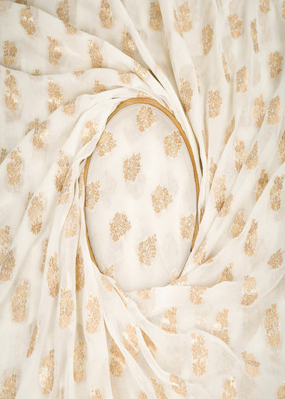 White Dyeable Georgette Fabric With All Over Golden Zari Handloom 22362