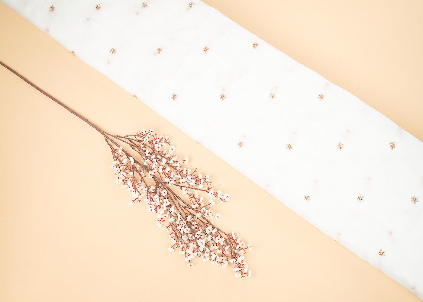 White Organza Fabric With All Over Buti Of Sequins, Katdana And Bead Work 22377