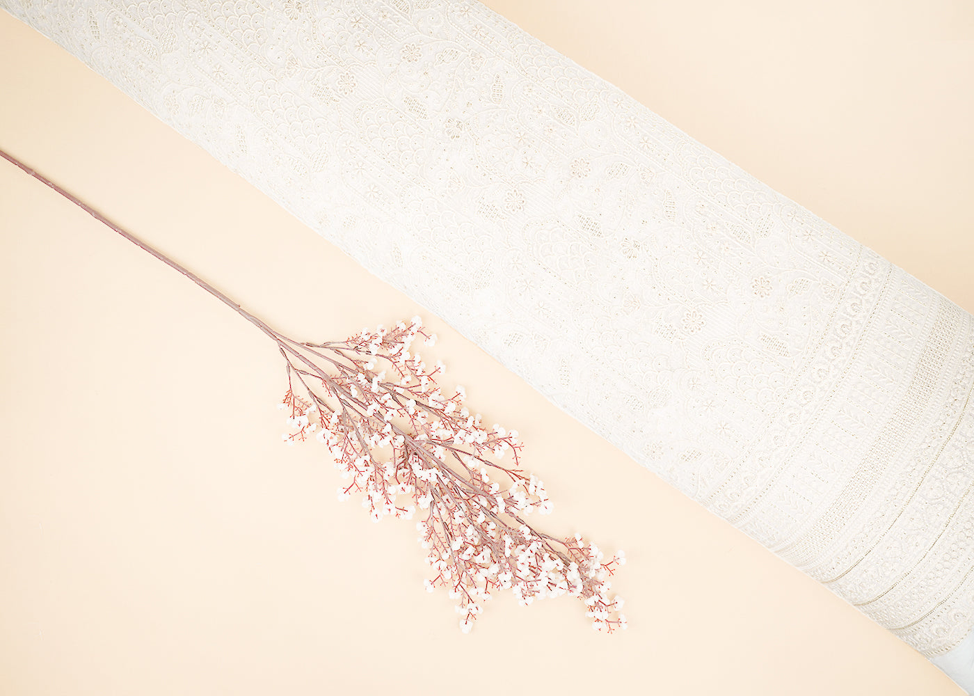 White Dyeable Georgette Fabric With Allover Thread And Sequins Work With One Side Border 22380