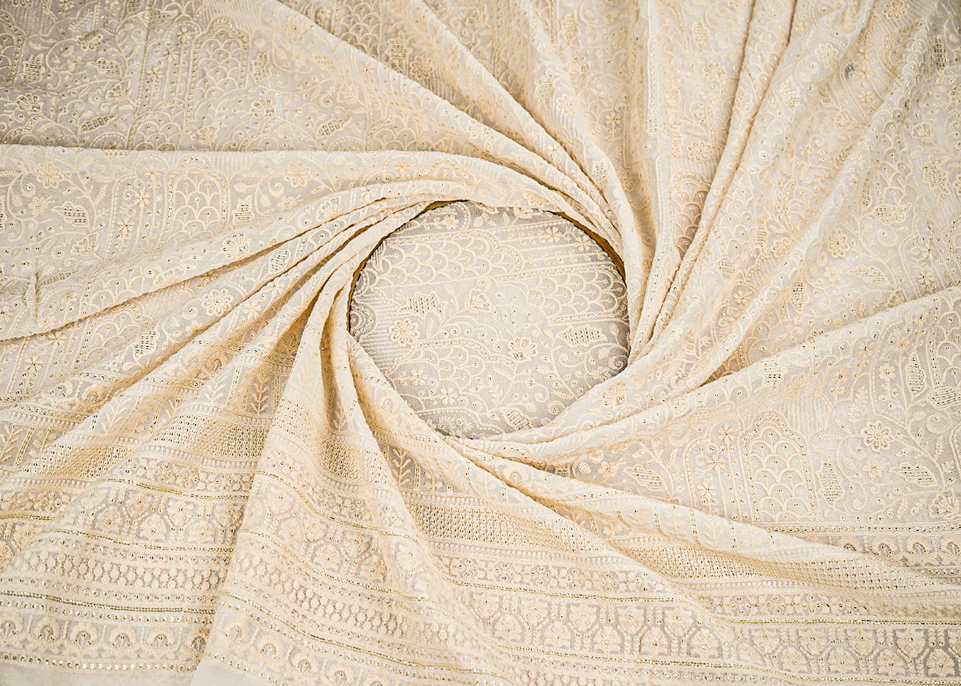 White Dyeable Georgette Fabric With All Over Thread And Sequins Work With One Side Border 22380