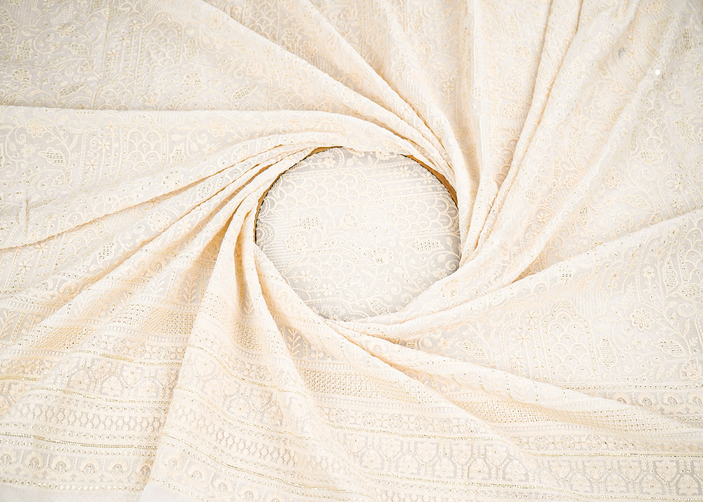 White Dyeable Georgette Fabric With Allover Thread And Sequins Work With One Side Border 22380